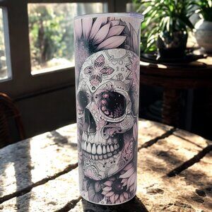 Pink Skull & Sunflower Tumbler – Sublimated by Scott Heil (The Crowing Hen) 🖤